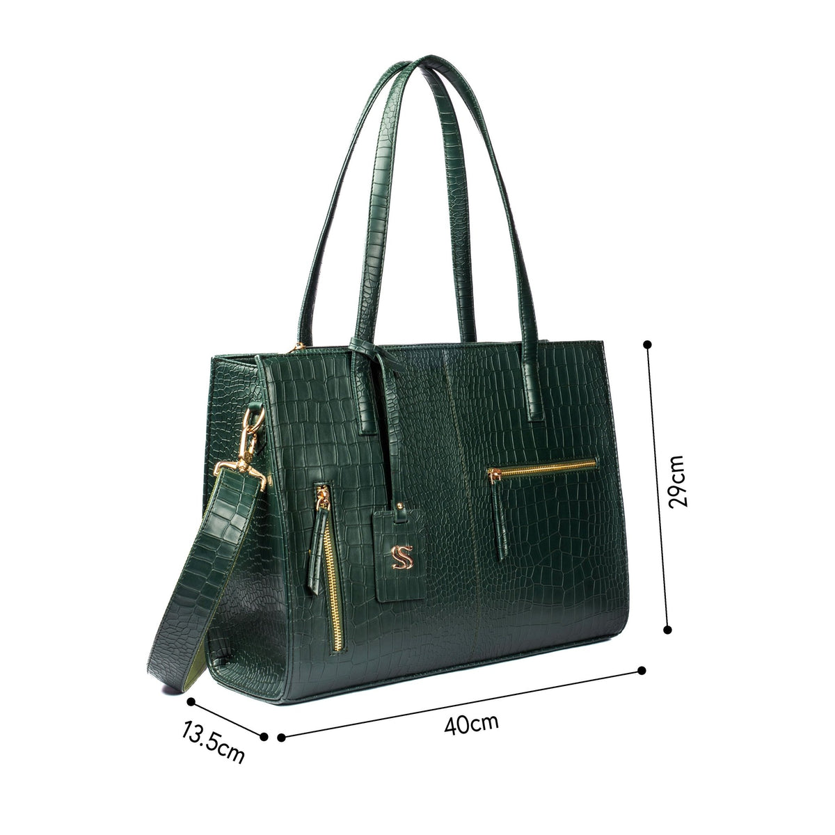 Emerald green croc-texture tote bag with dual handles and side zipper pocket