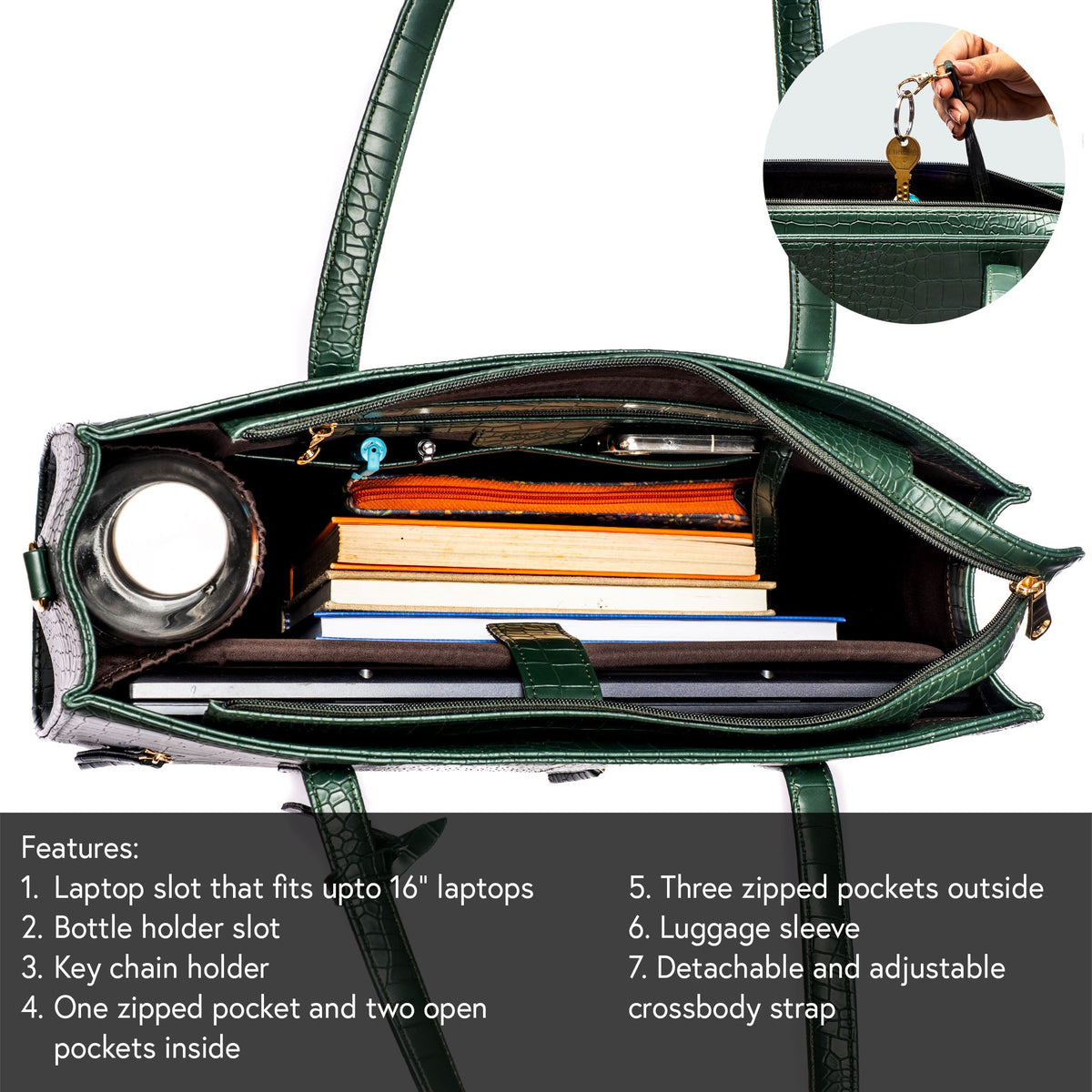 Croc-texture laptop tote open interior with organizer pockets and zip compartments