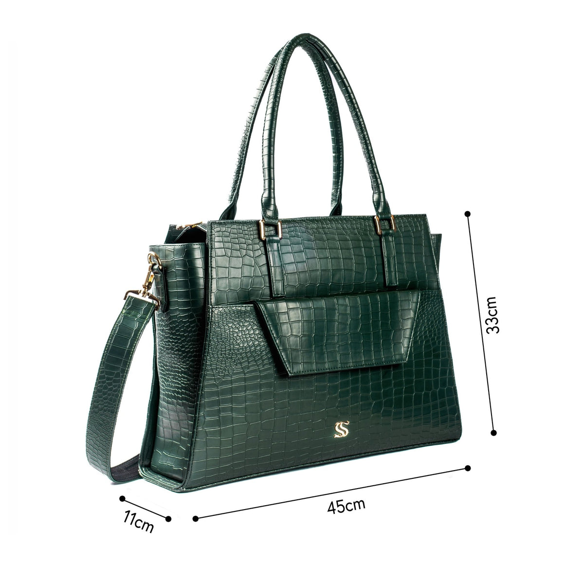 Large green croc-textured tote bag with top handles and detachable crossbody strap
