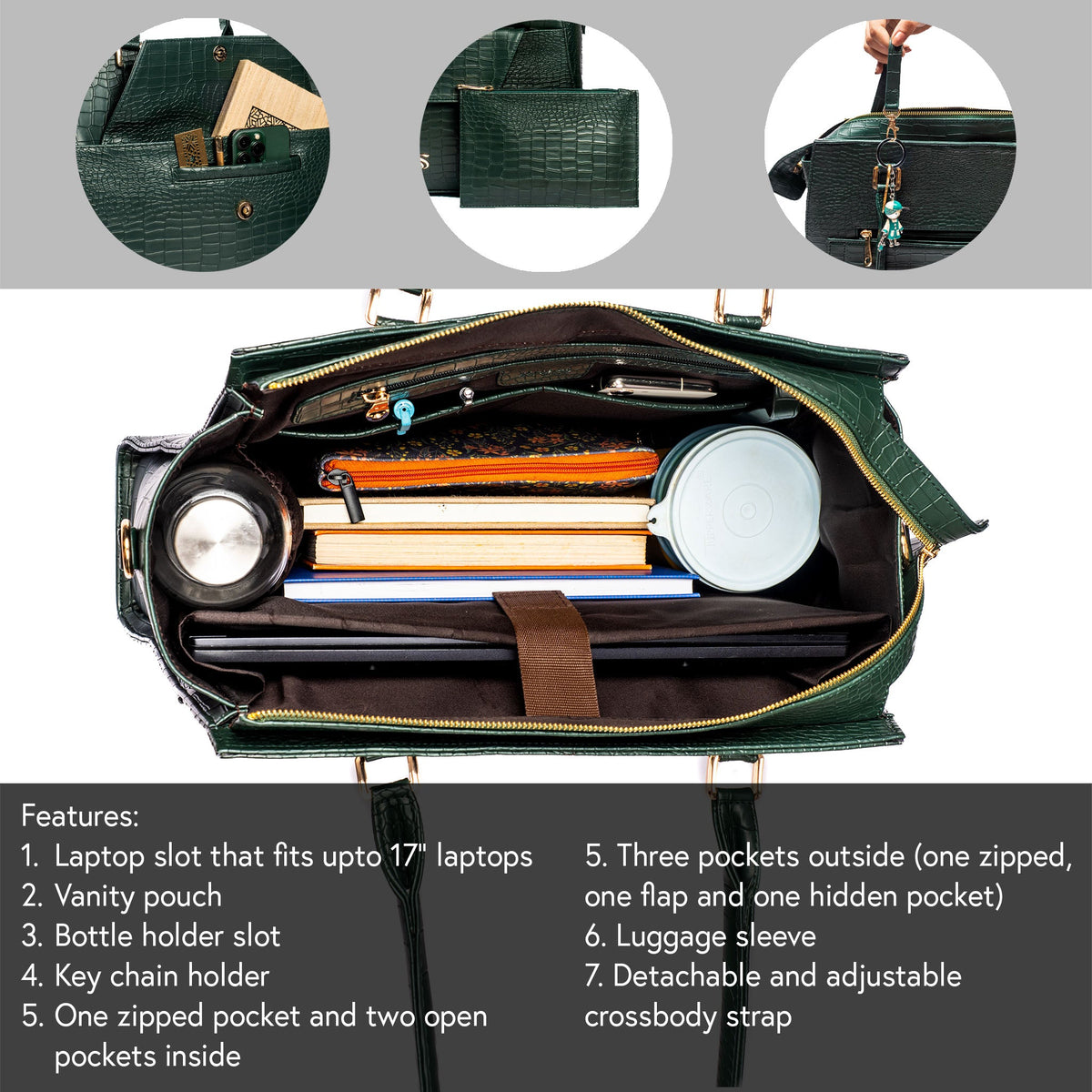 Green croc tote bag open interior with multiple compartments and zip pockets