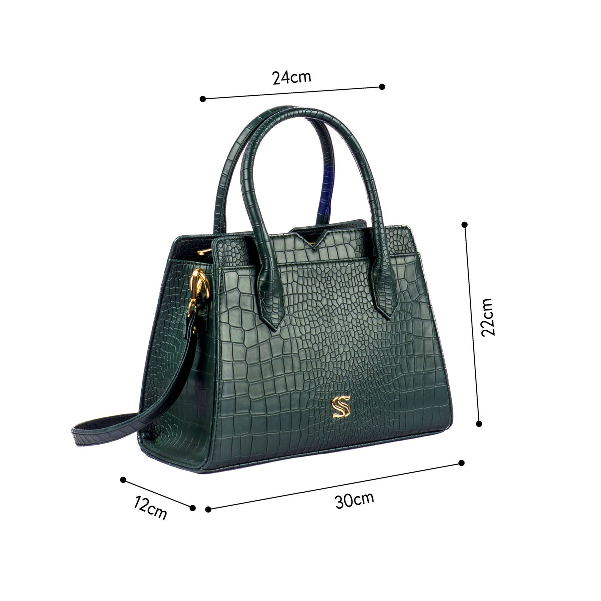 Dark green textured handbag, shown size 30 x 24 x 22 cm