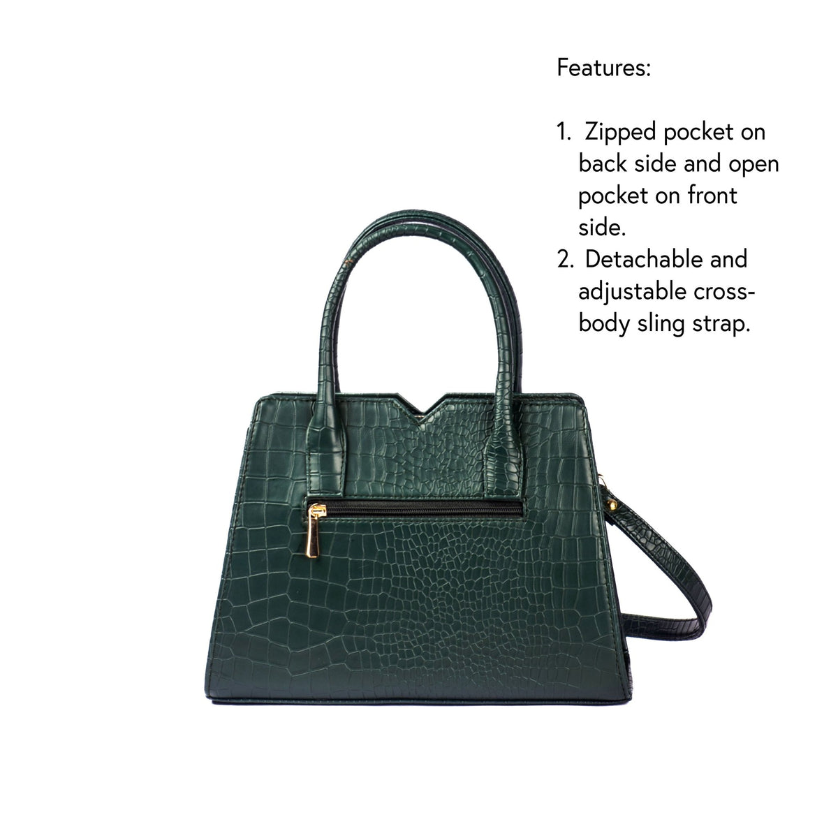 Dark green crocodile-texture handbag with top handles and front zipper detail