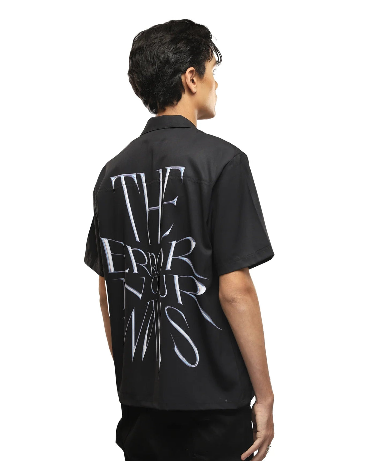 Black short-sleeve button-up shirt with oversized back graphic and white 'ERROR' lettering