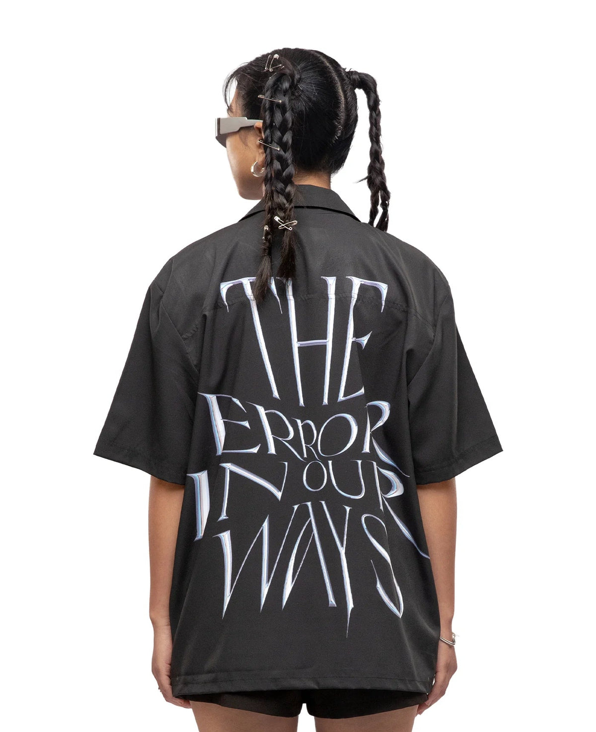Black short-sleeve button-up shirt, back print with large white-outlined 'ERROR' text