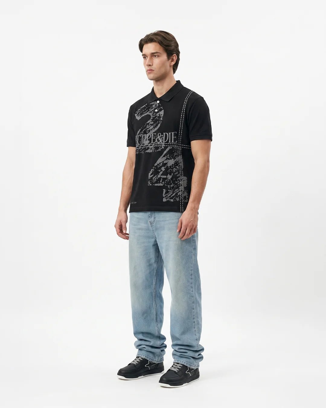 Black polo shirt with short sleeves and Escape & Die graphic front