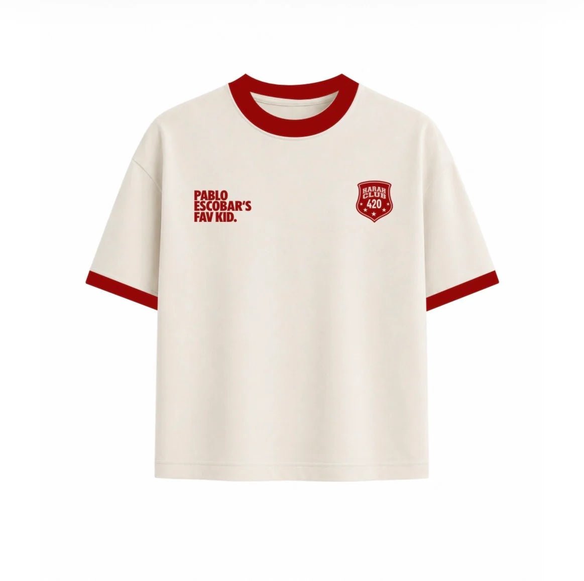 ESCOBAR cropped ringer T-shirt, cream with red trim and front graphic