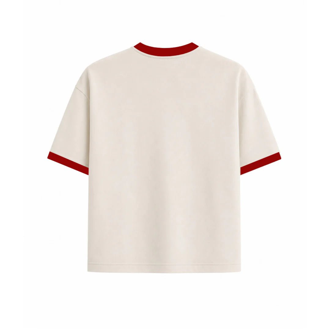 ESCOBAR cropped ringer T-shirt back view, cream with red trim