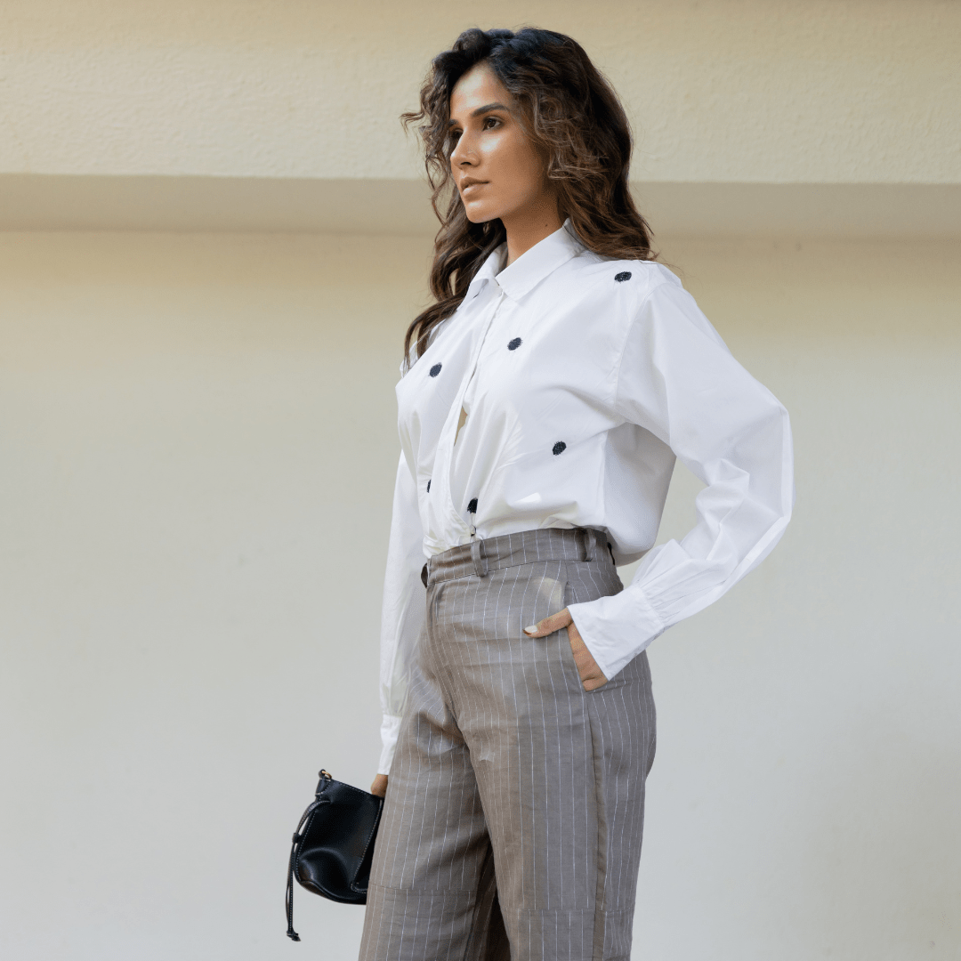 Dark gray pinstripe linen trousers with high waist and front pleats