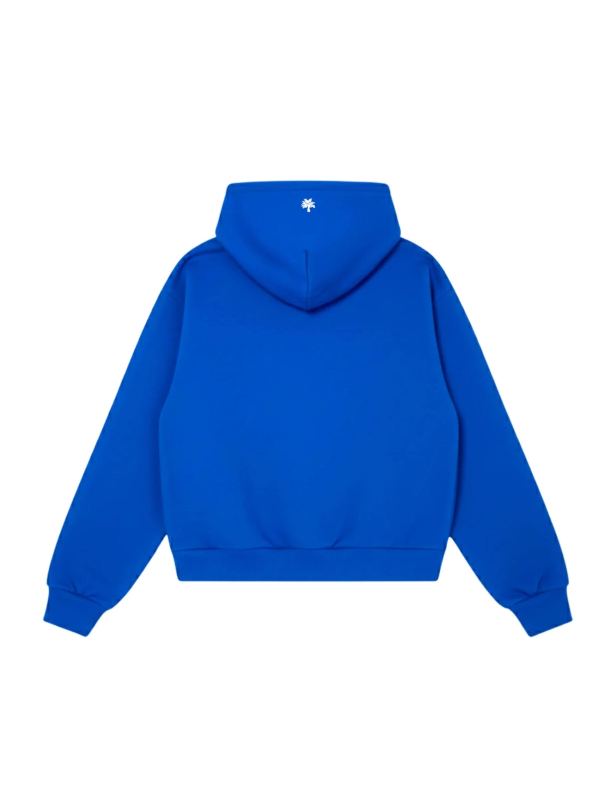 Royal blue hoodie with hood, small back emblem, kangaroo pocket