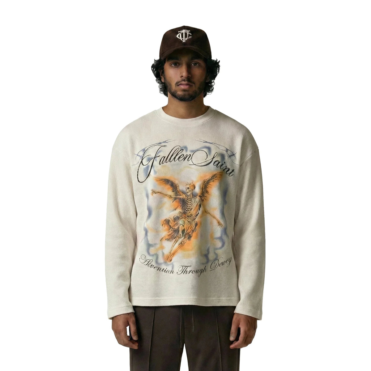 Cream waffle knit long-sleeve tee with angel graphic on chest, front view
