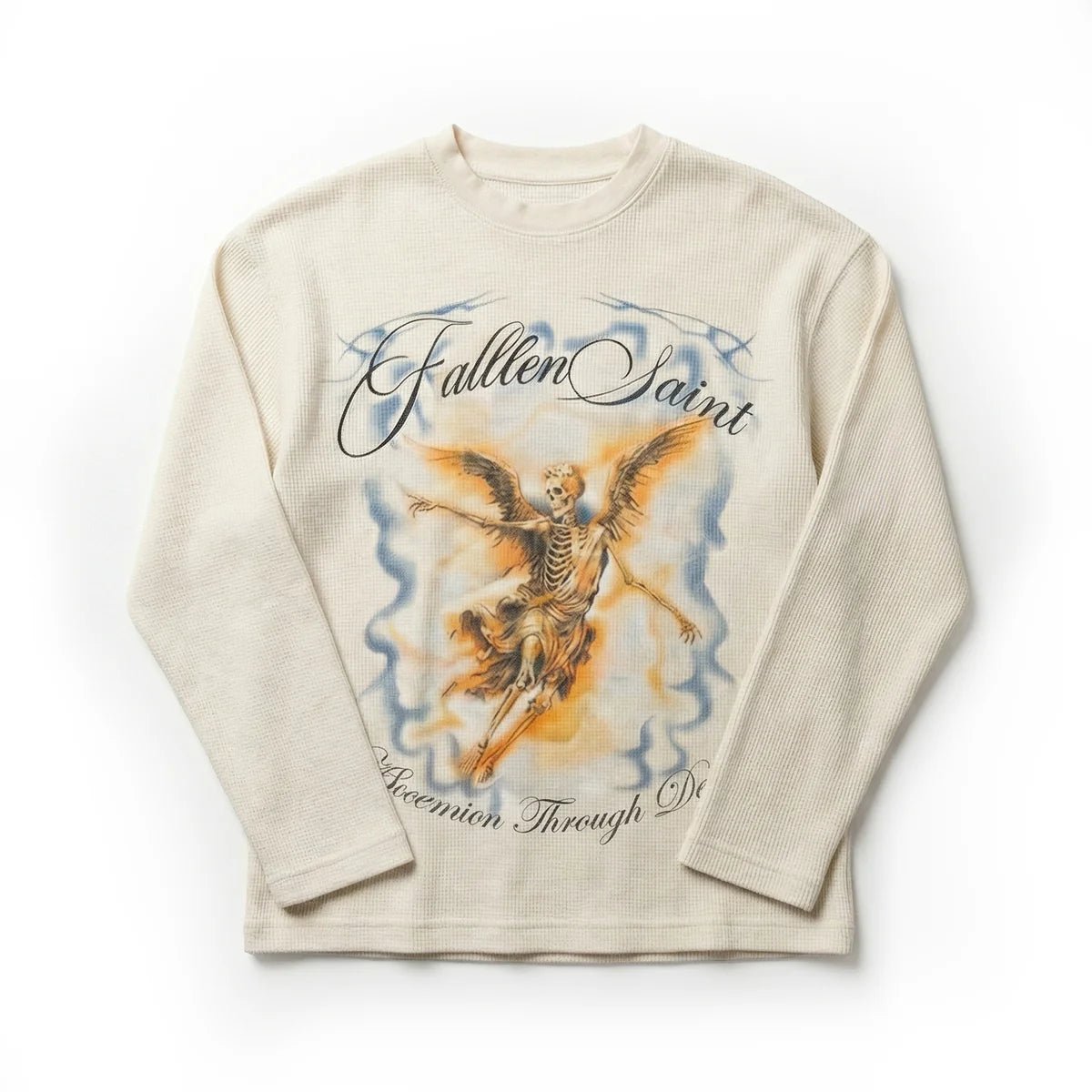 Cream waffle knit long-sleeve tee with Fallen Saint angel graphic on front