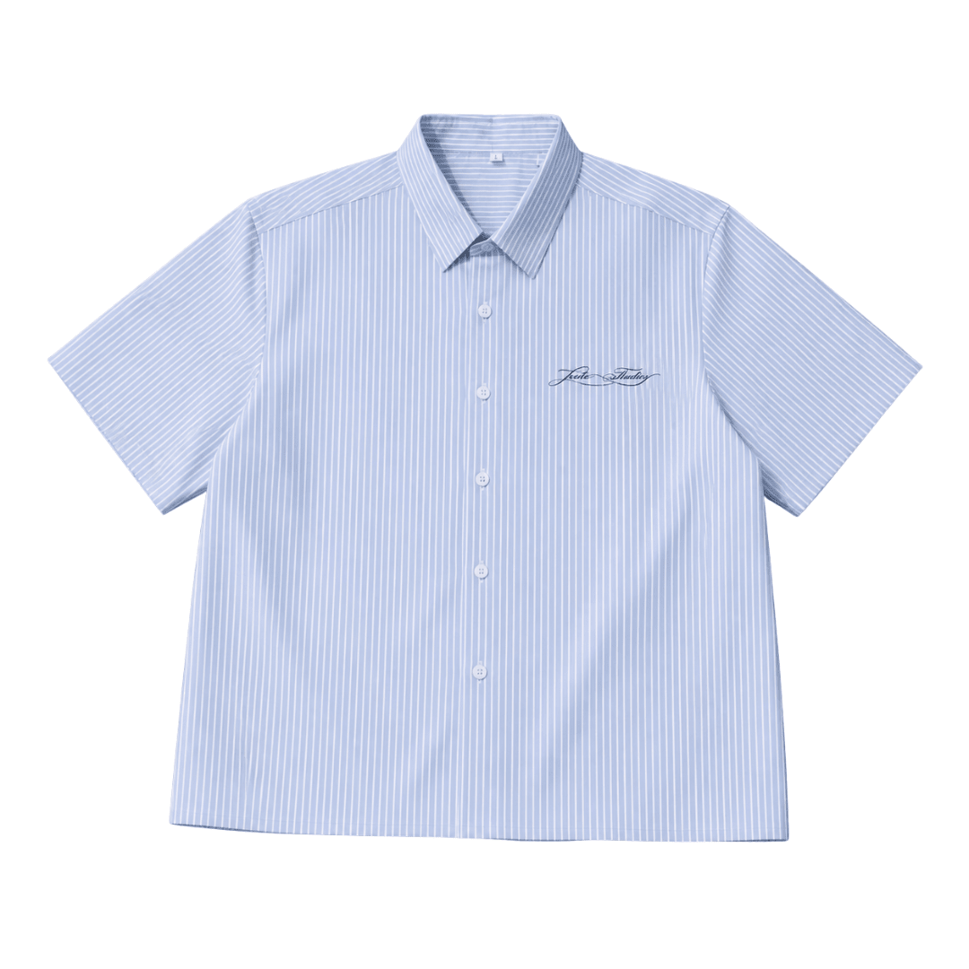 Light blue striped boxy-fit short-sleeve button-up shirt with chest logo