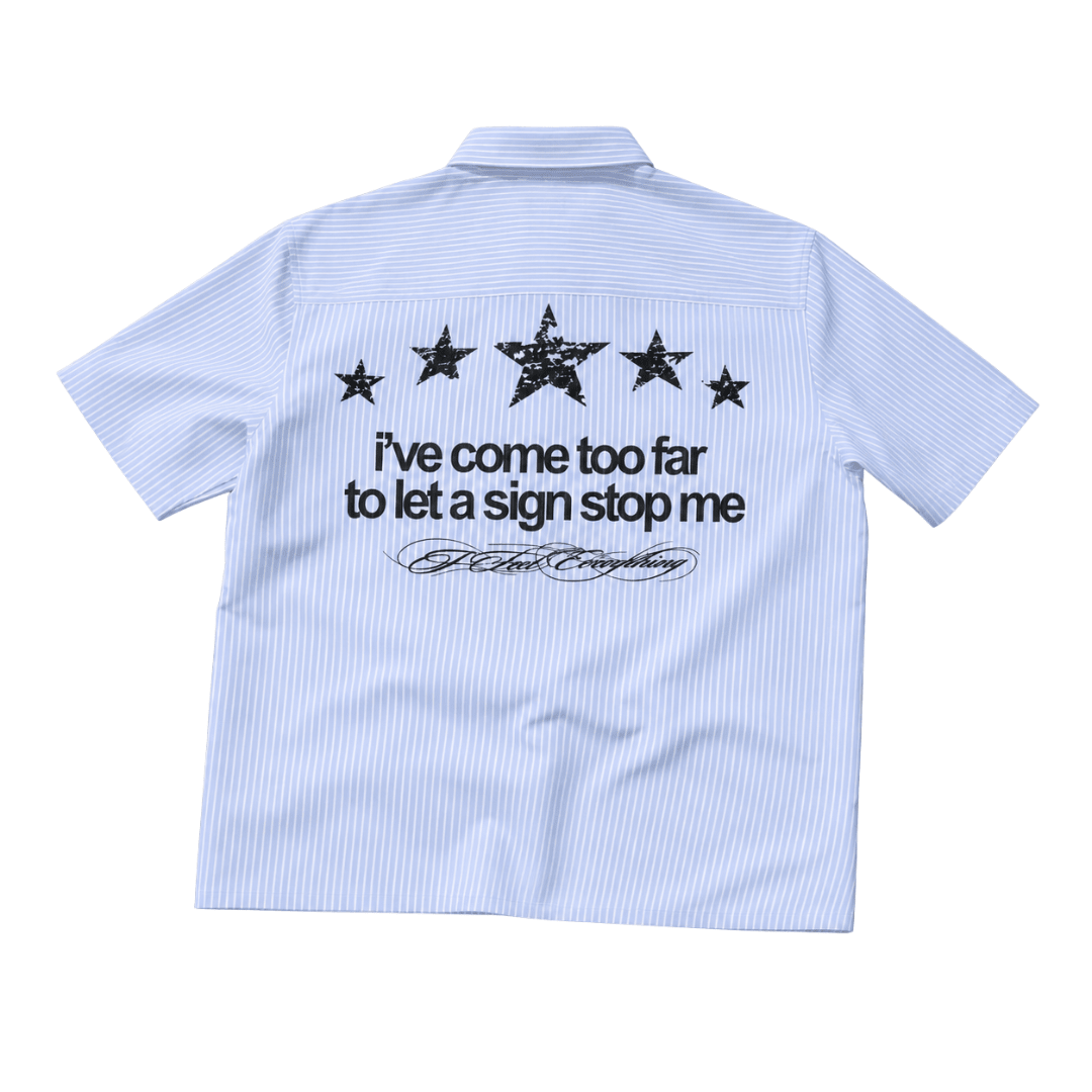 Light blue striped boxy-fit shirt back print with stars and slogan