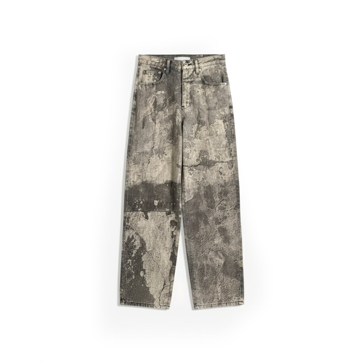 Washed gray denim pants with zip fly and belt loops