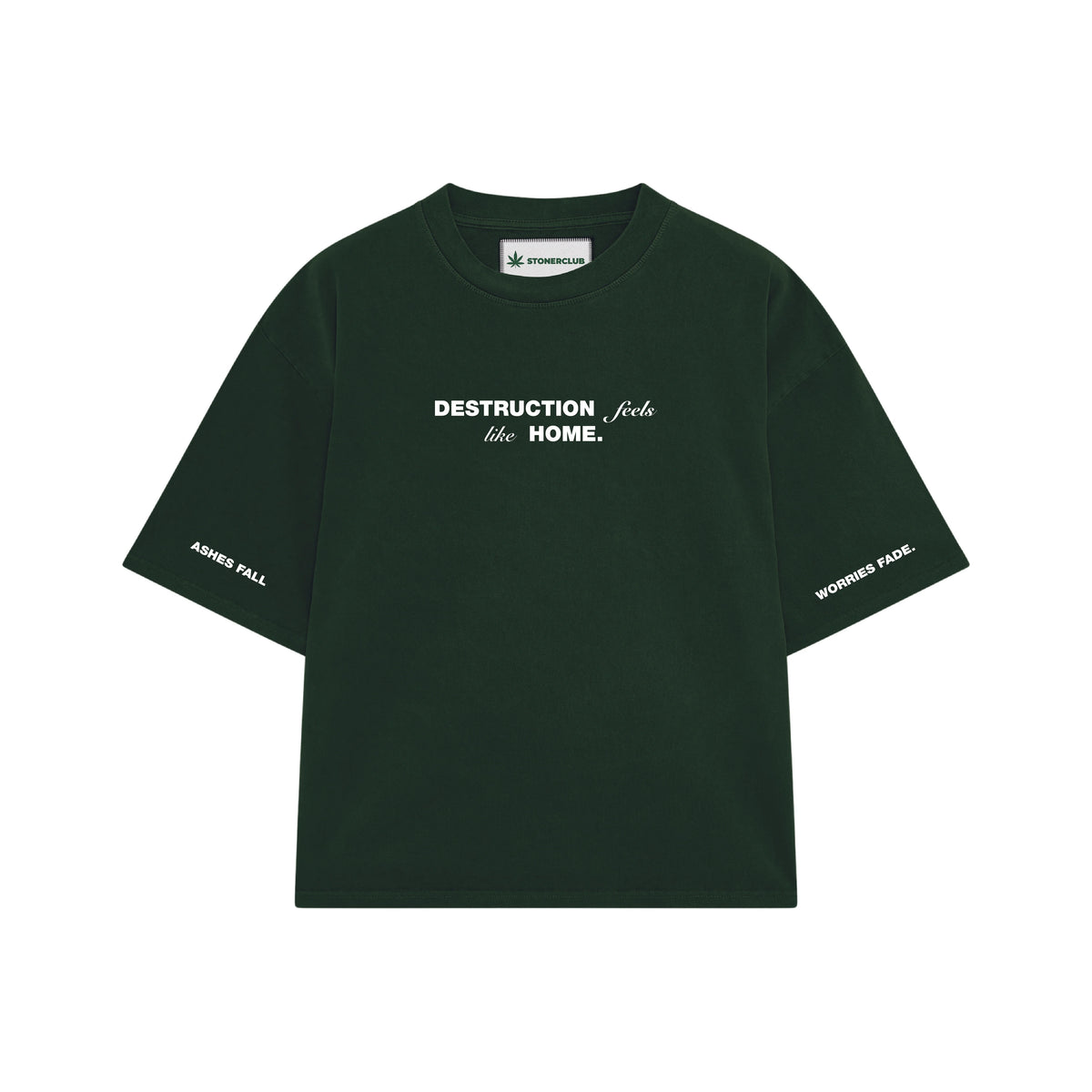 Dark green Destruction T-shirt with small chest logo, "like the HOME" text.