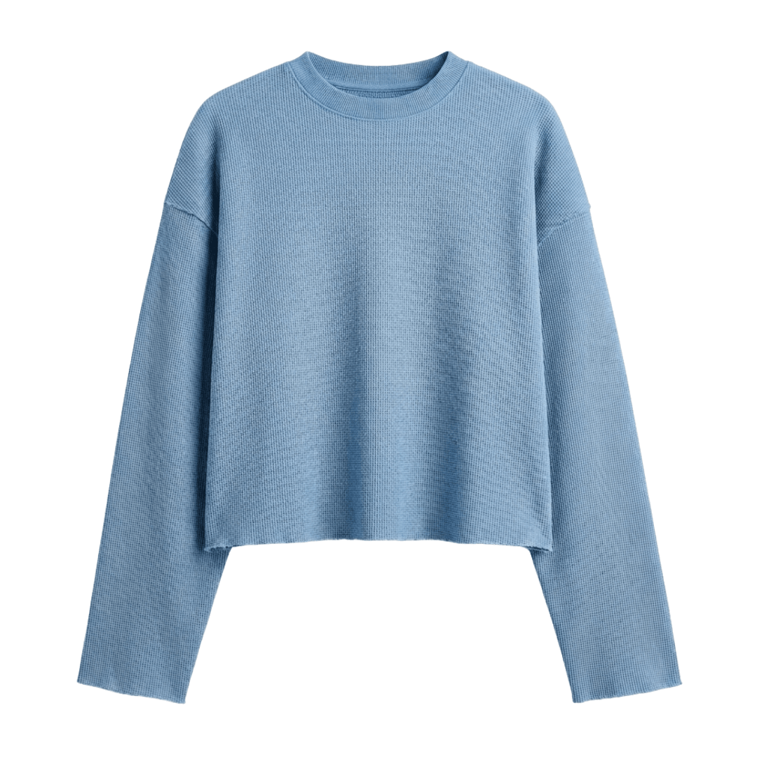 Light blue waffle-knit crewneck sweater, long sleeves, relaxed cropped fit