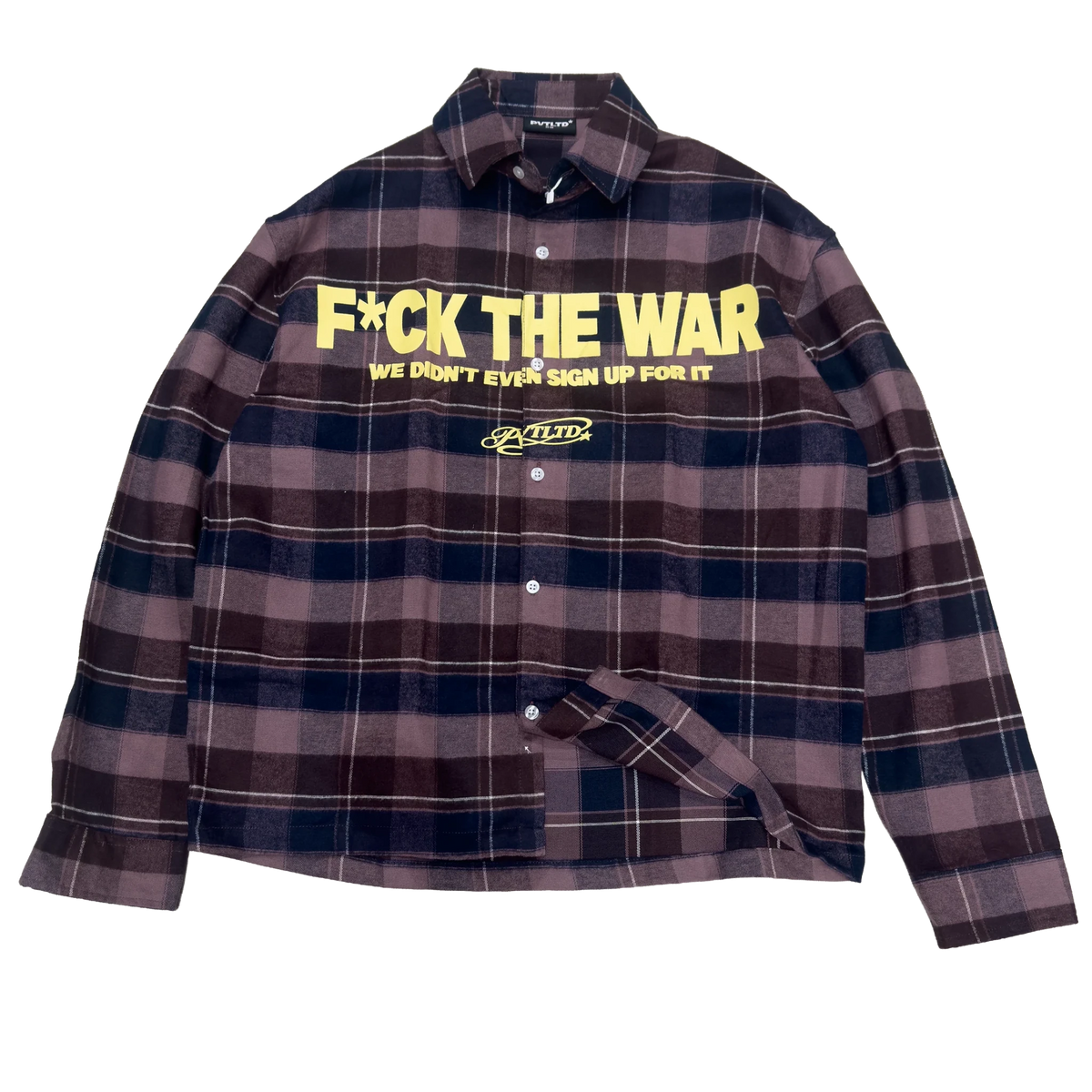 FTW shirt in dark plaid with yellow slogan graphic, button front, long sleeves