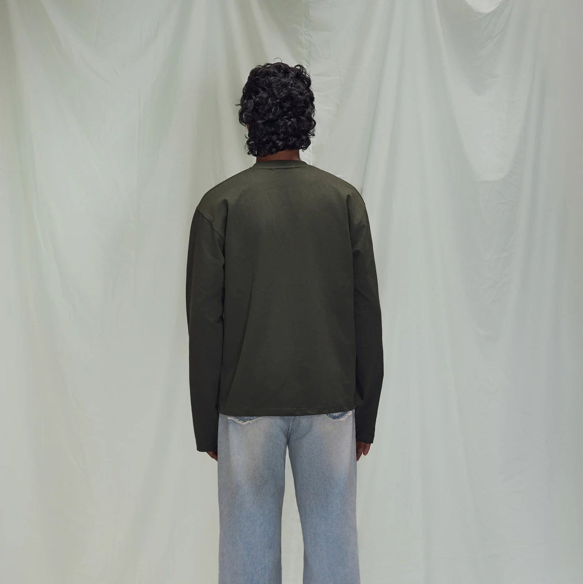 Olive green long-sleeve T-shirt back view