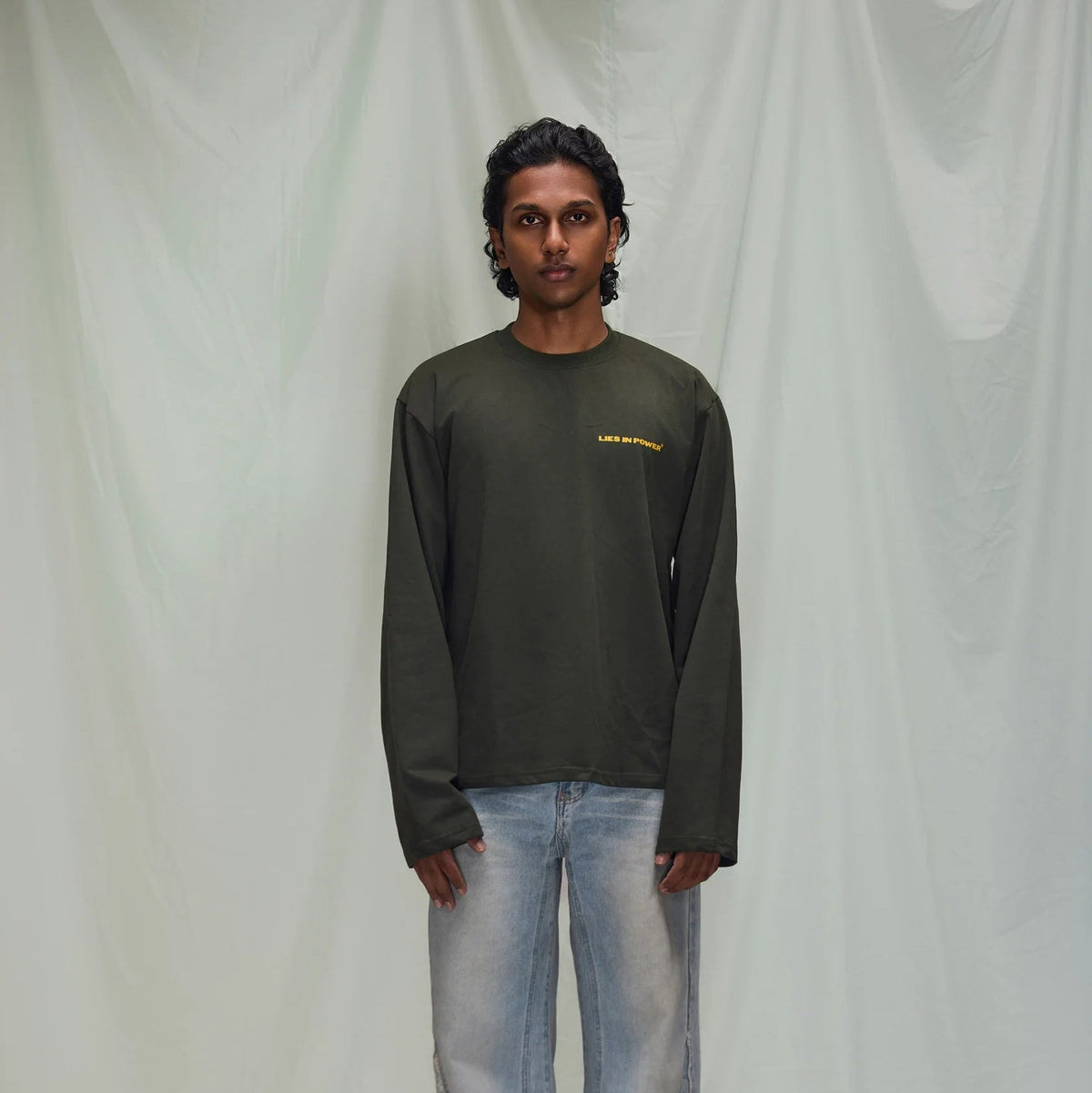 Olive green long-sleeve T-shirt with chest logo, crew neck