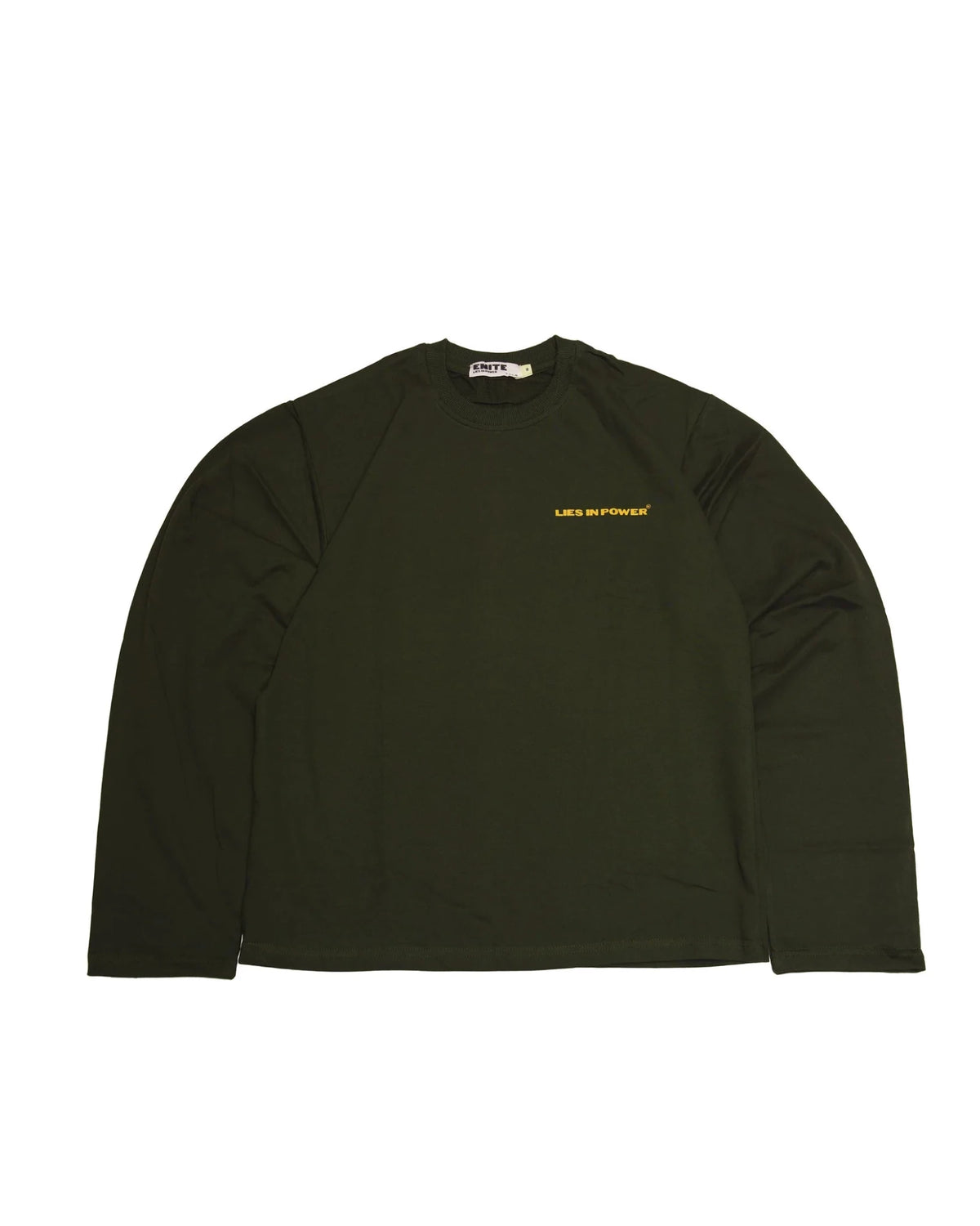 Olive green long-sleeve T-shirt, crew neck, small chest logo