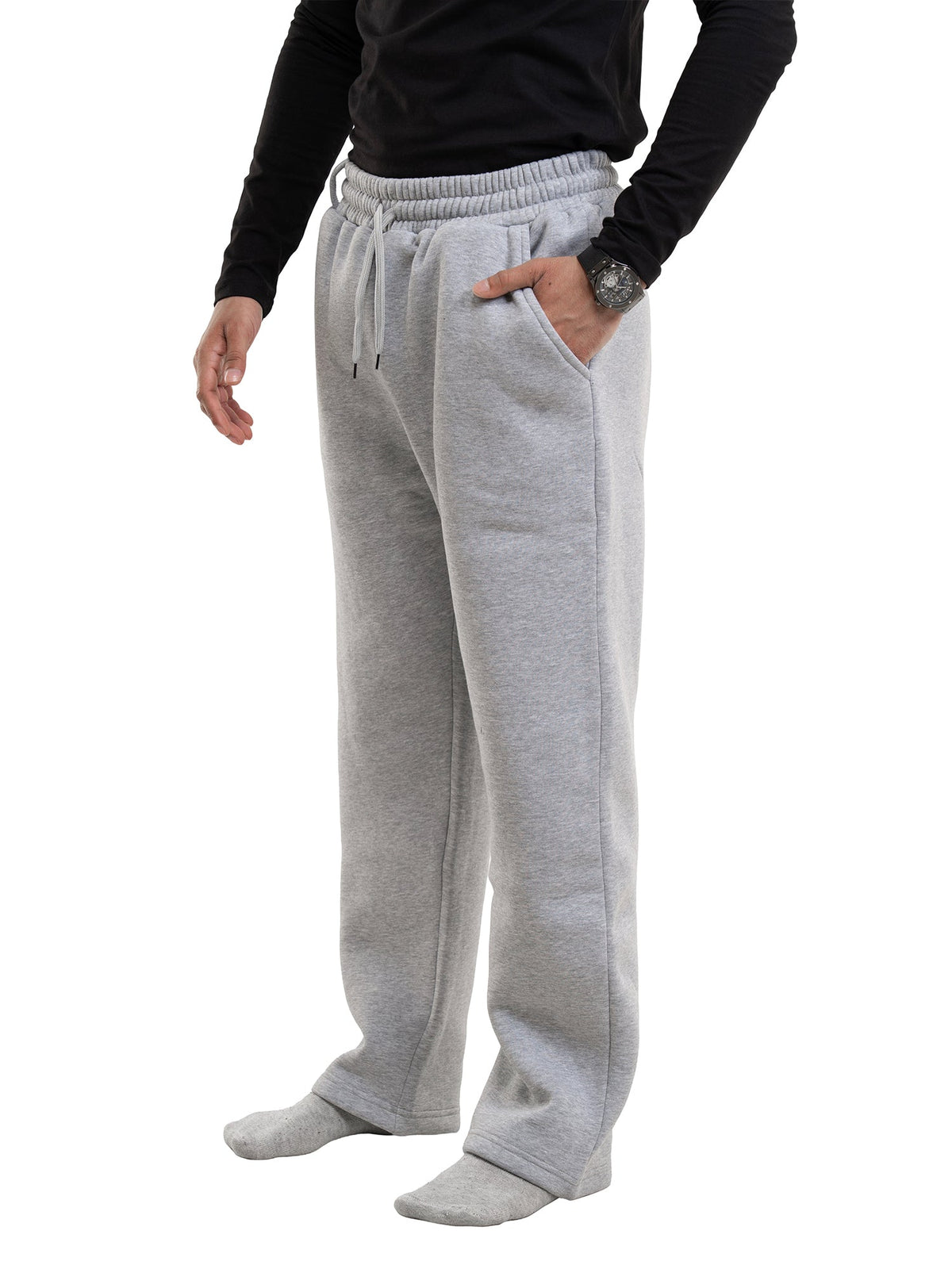 Heather grey sweatpants with drawstring waistband, side pockets, and ankle-length fit