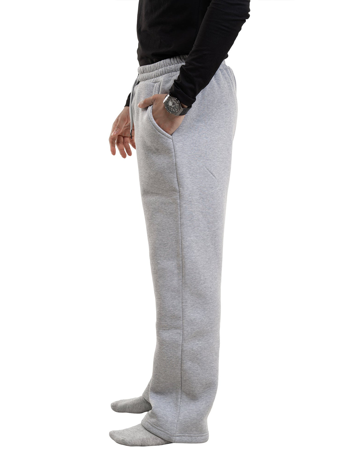Grey jogger pants with elastic waistband, drawstring, and side hand pockets