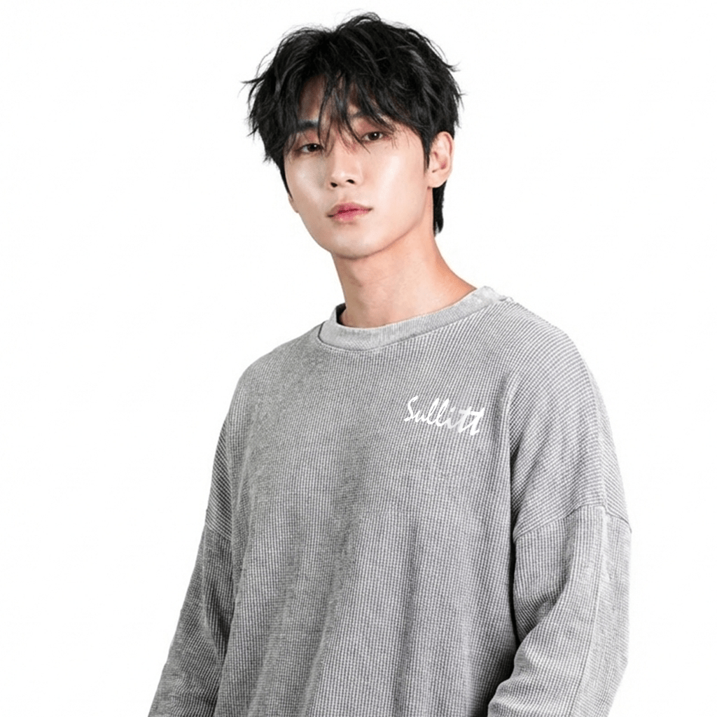 Grey waffle washed sweatshirt, crew neck, chest script logo