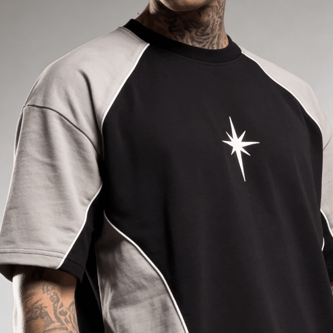 Oversized raglan T-shirt with white star print and gray raglan sleeves