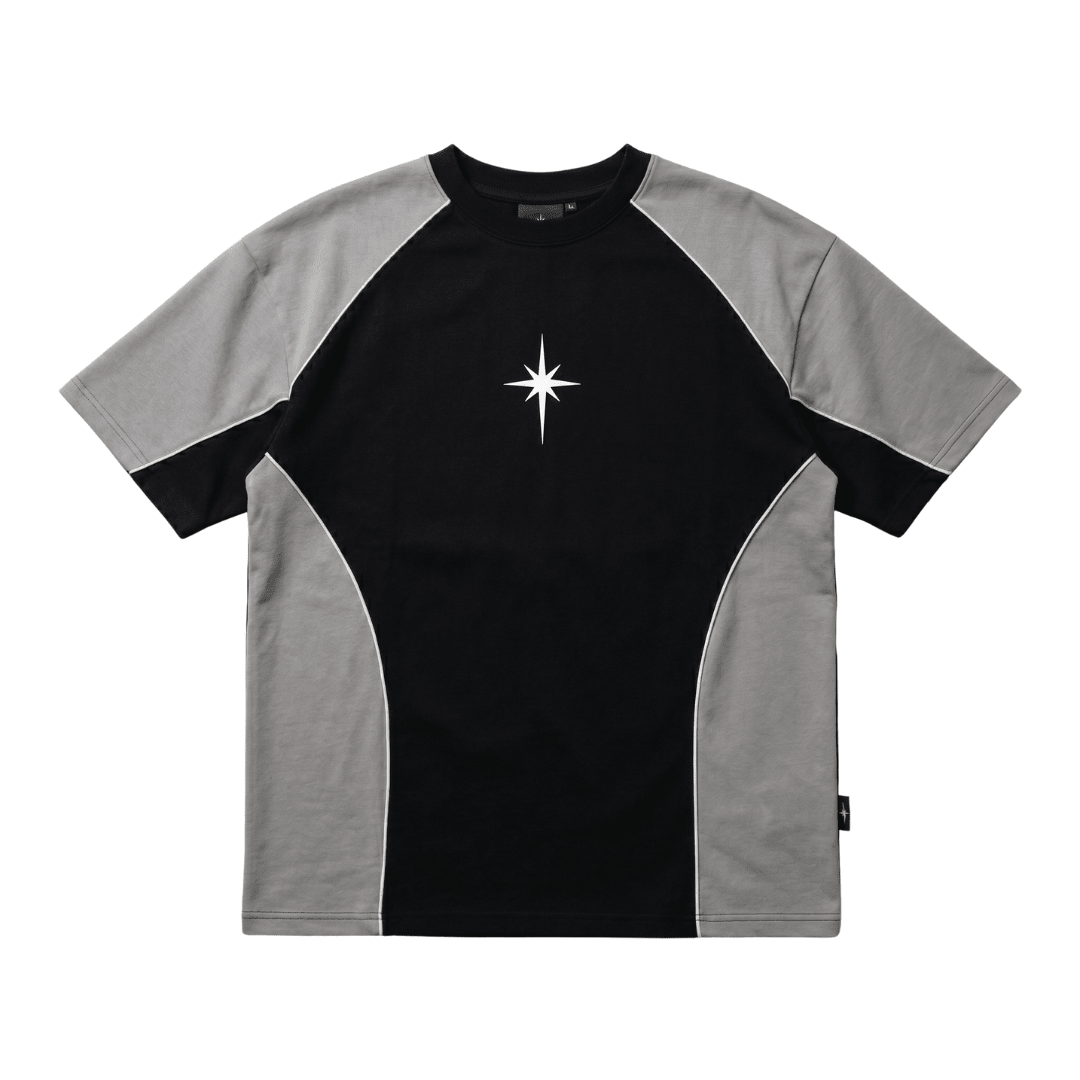 Oversized raglan T-shirt with black body, gray sleeves, and white star graphic