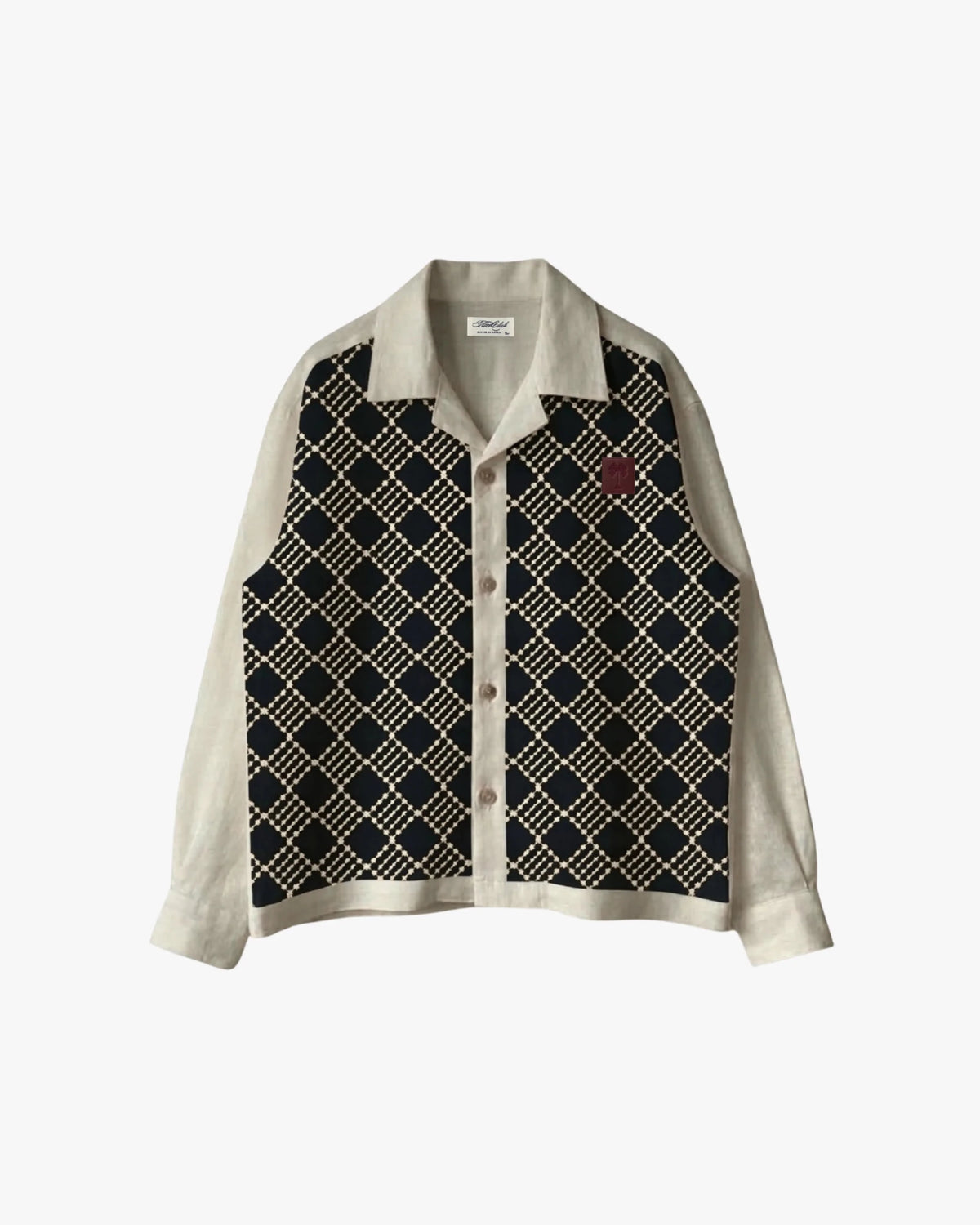 Grid embroidered linen shirt, black grid diamond embroidery front, off-white collar and buttons