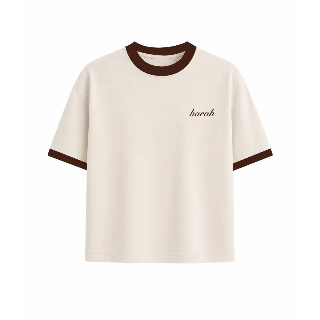 HARAH Essentials ringer tee, cream with dark ringer collar and sleeve trim, front logo