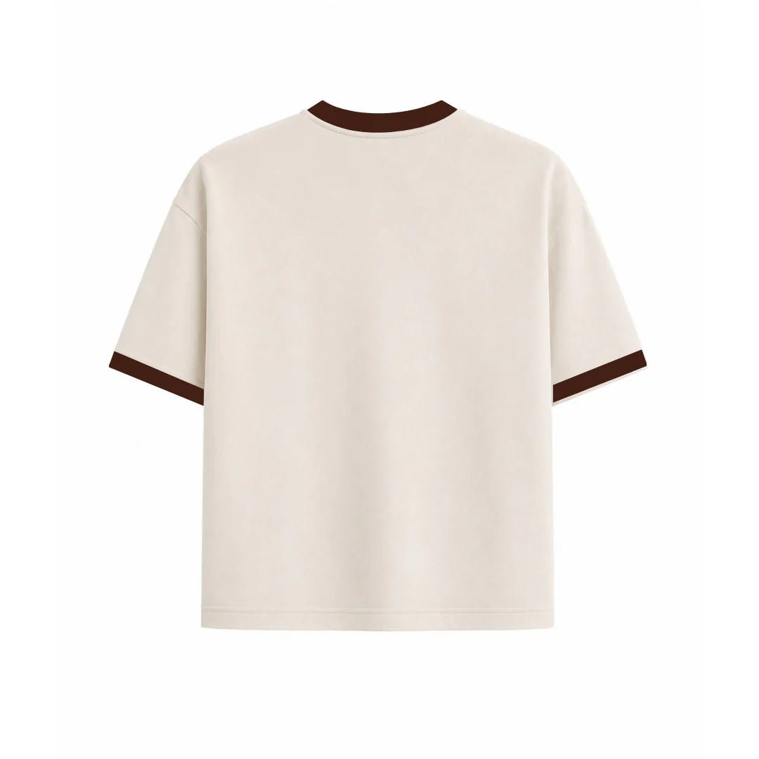 HARAH Essentials ringer tee, cream with dark ringer collar and sleeve trim, back view