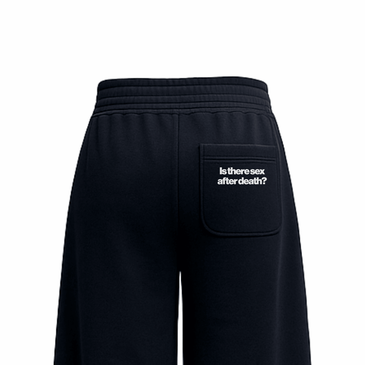 Black sweatpants back view with elastic waistband and stitched pocket with graphic text.