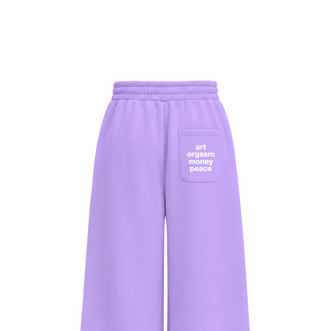 Lavender sweatpants with elastic waistband and front pocket with logo patch.