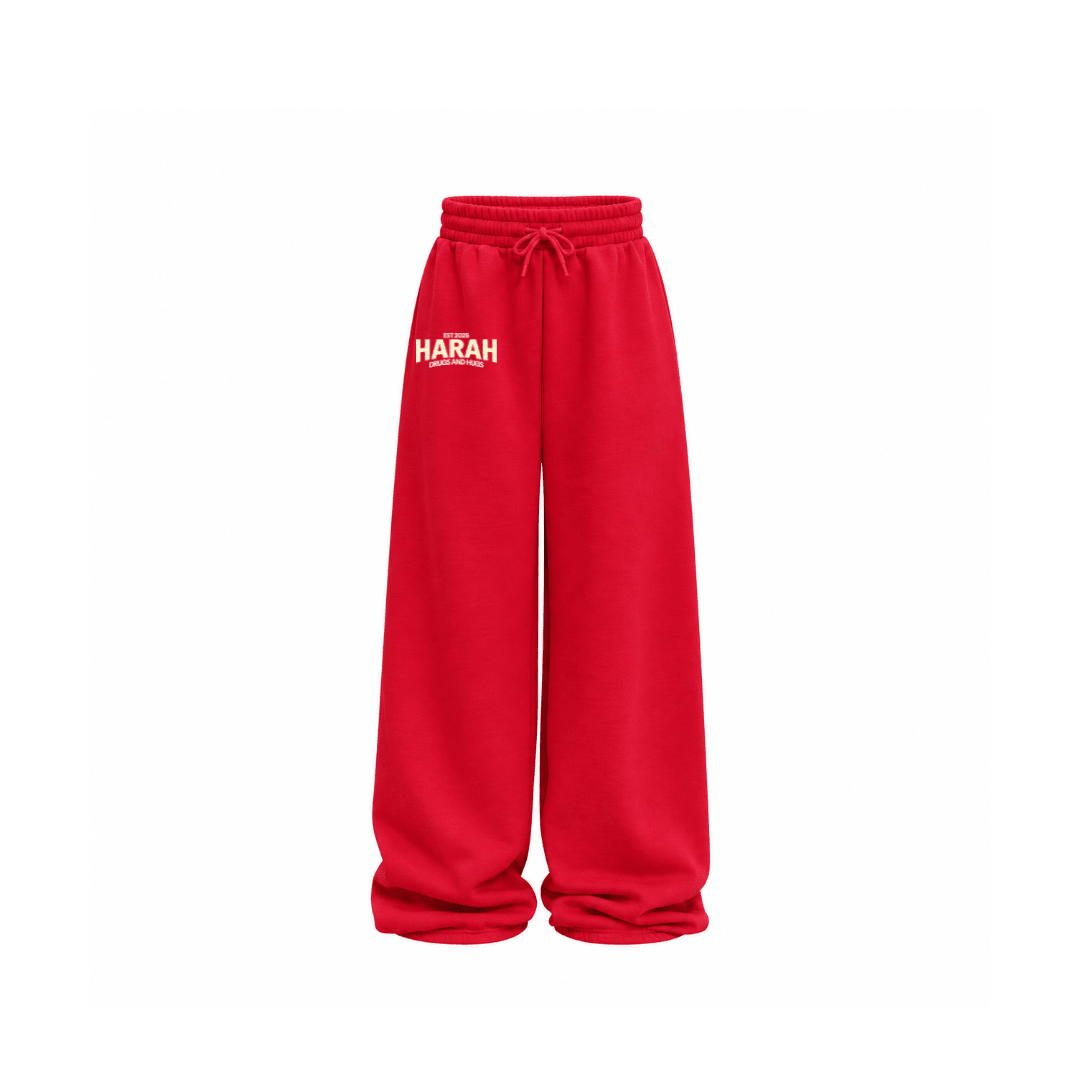 Red sweatpants with drawstring waistband and front logo