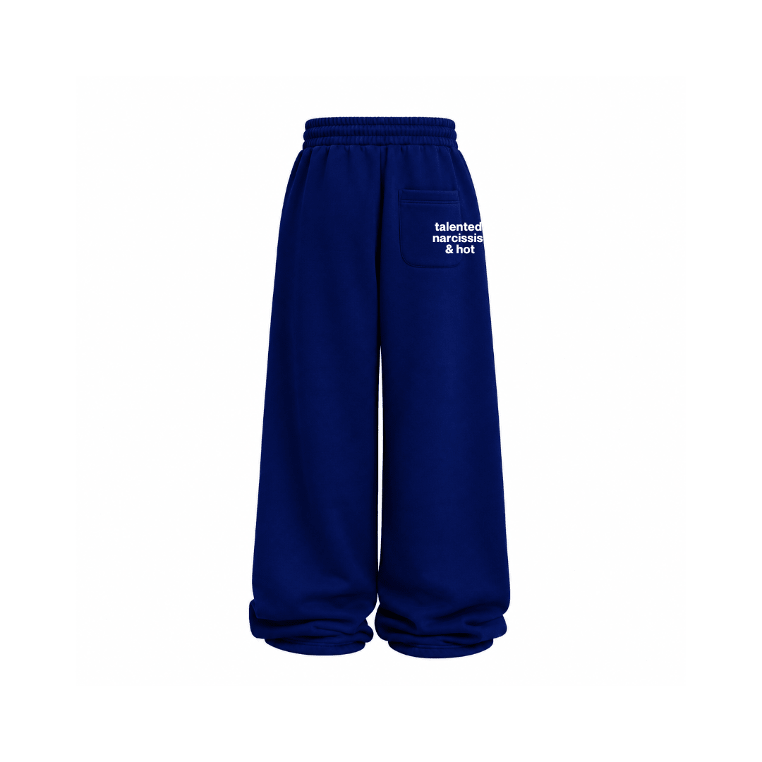 Royal blue sweatpants with elastic waistband and drawstring, relaxed straight leg
