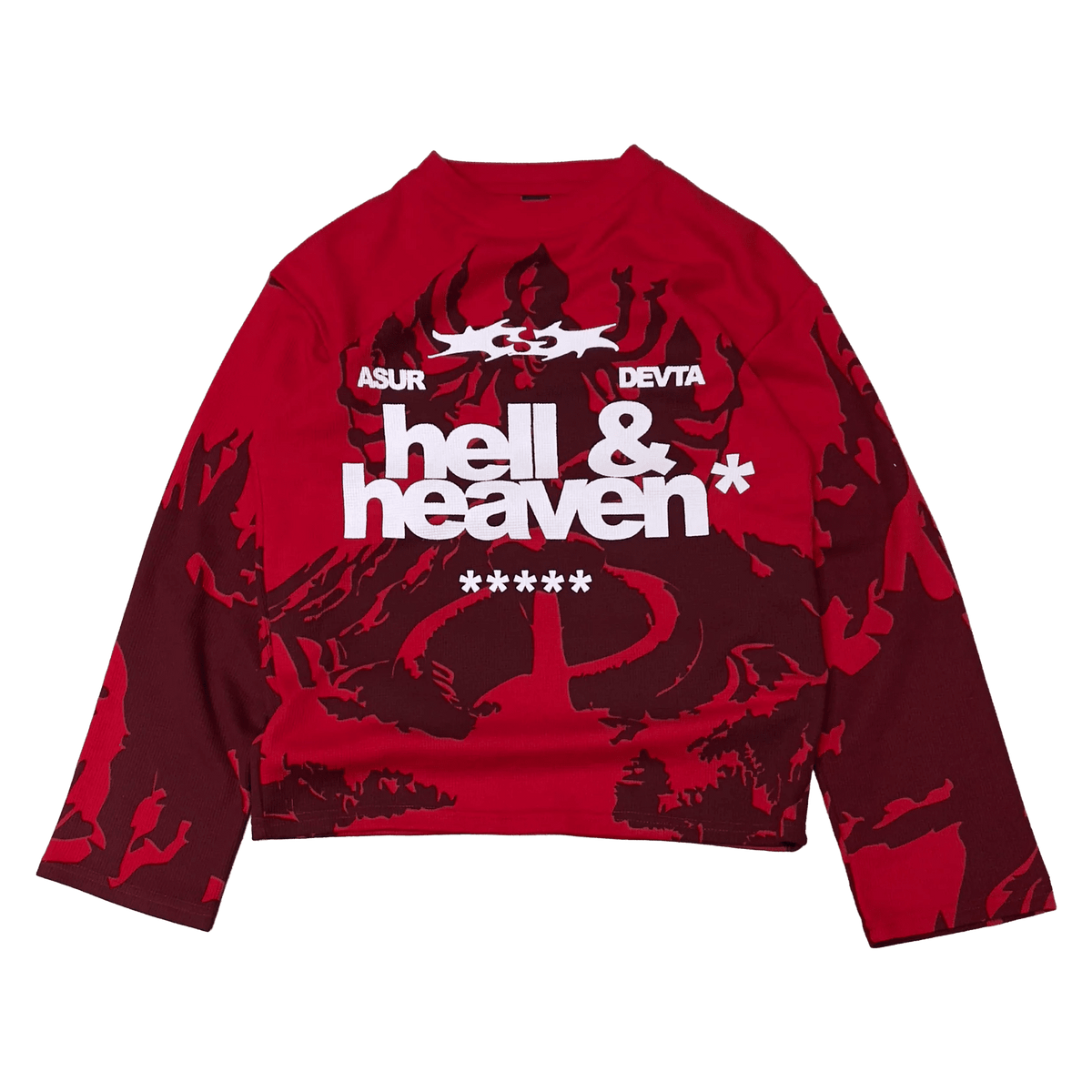 Red long-sleeve waffle knit crop top with “hell & heaven” front graphic and stars