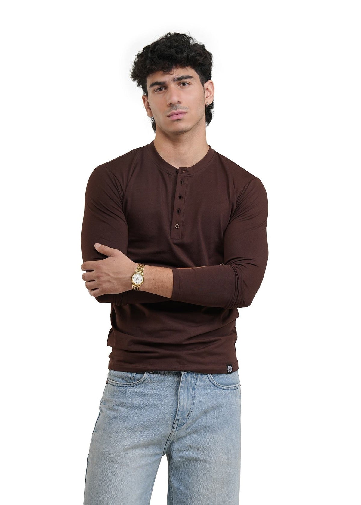 Men's dark brown long-sleeve henley shirt with henley collar and button placket.