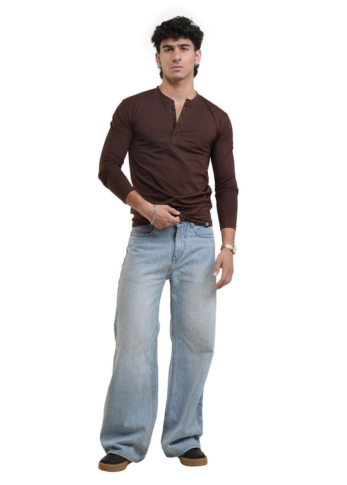 Men's long-sleeve henley shirt in dark brown, button placket and collar.