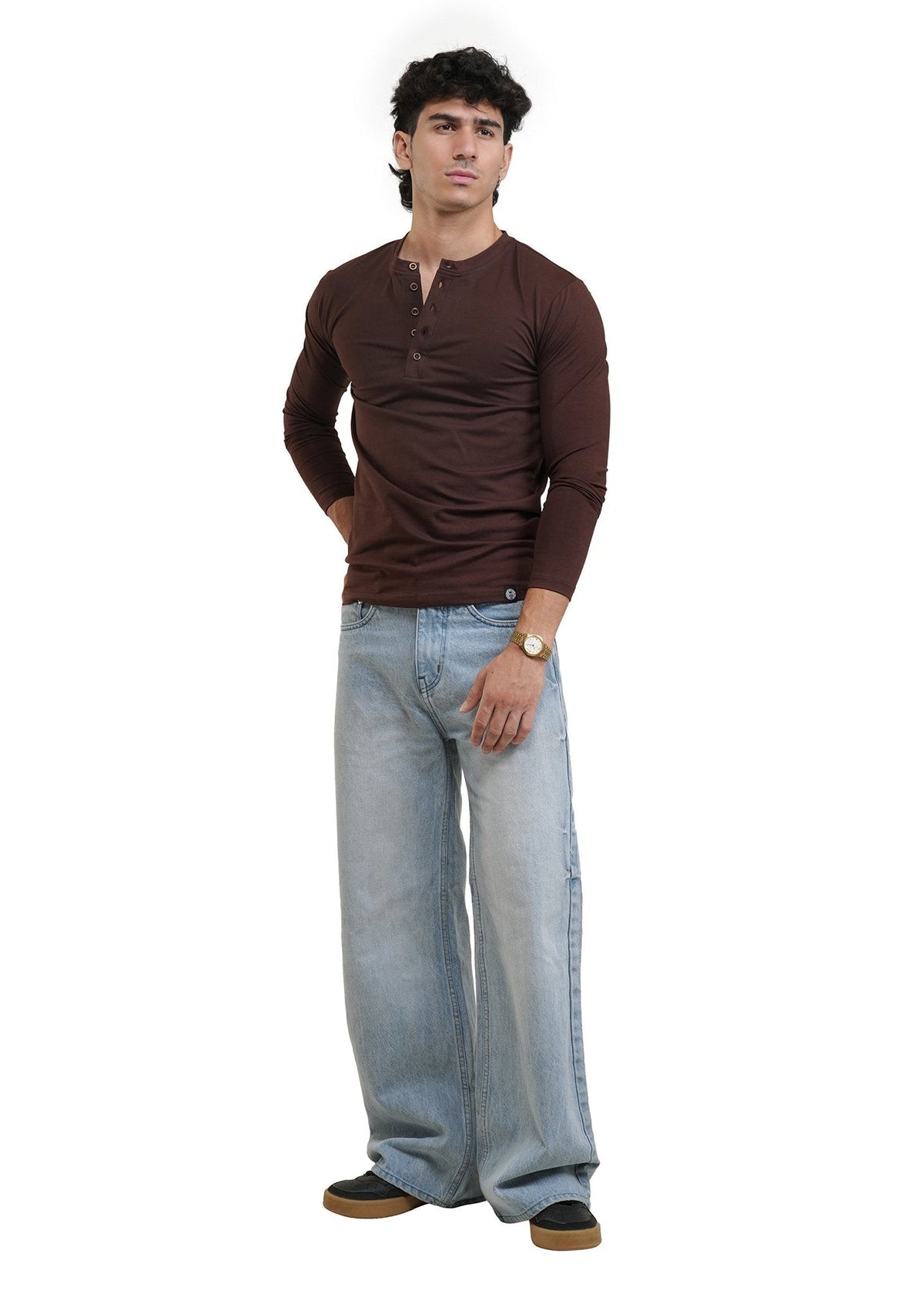 Men's dark brown long-sleeve henley shirt, henley neckline with front buttons.