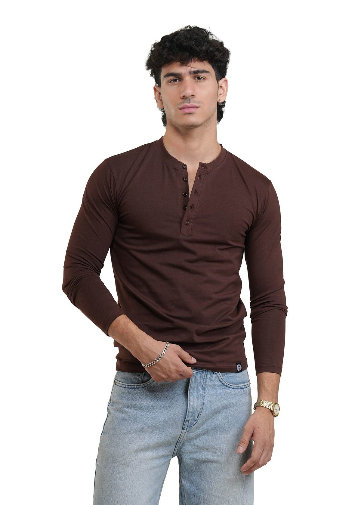 Men's dark brown long-sleeve henley shirt front view, button placket and cuffs.