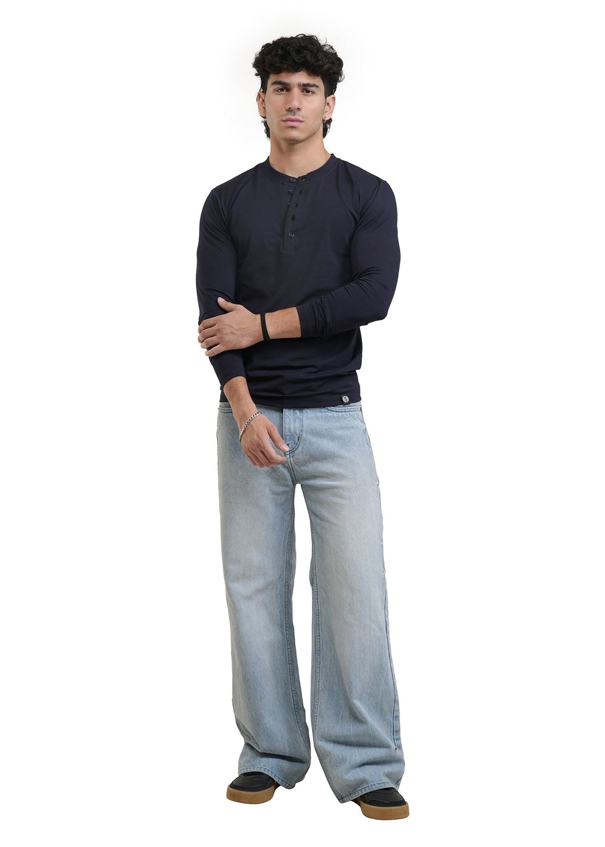 Navy long-sleeve henley shirt with short button placket at neckline