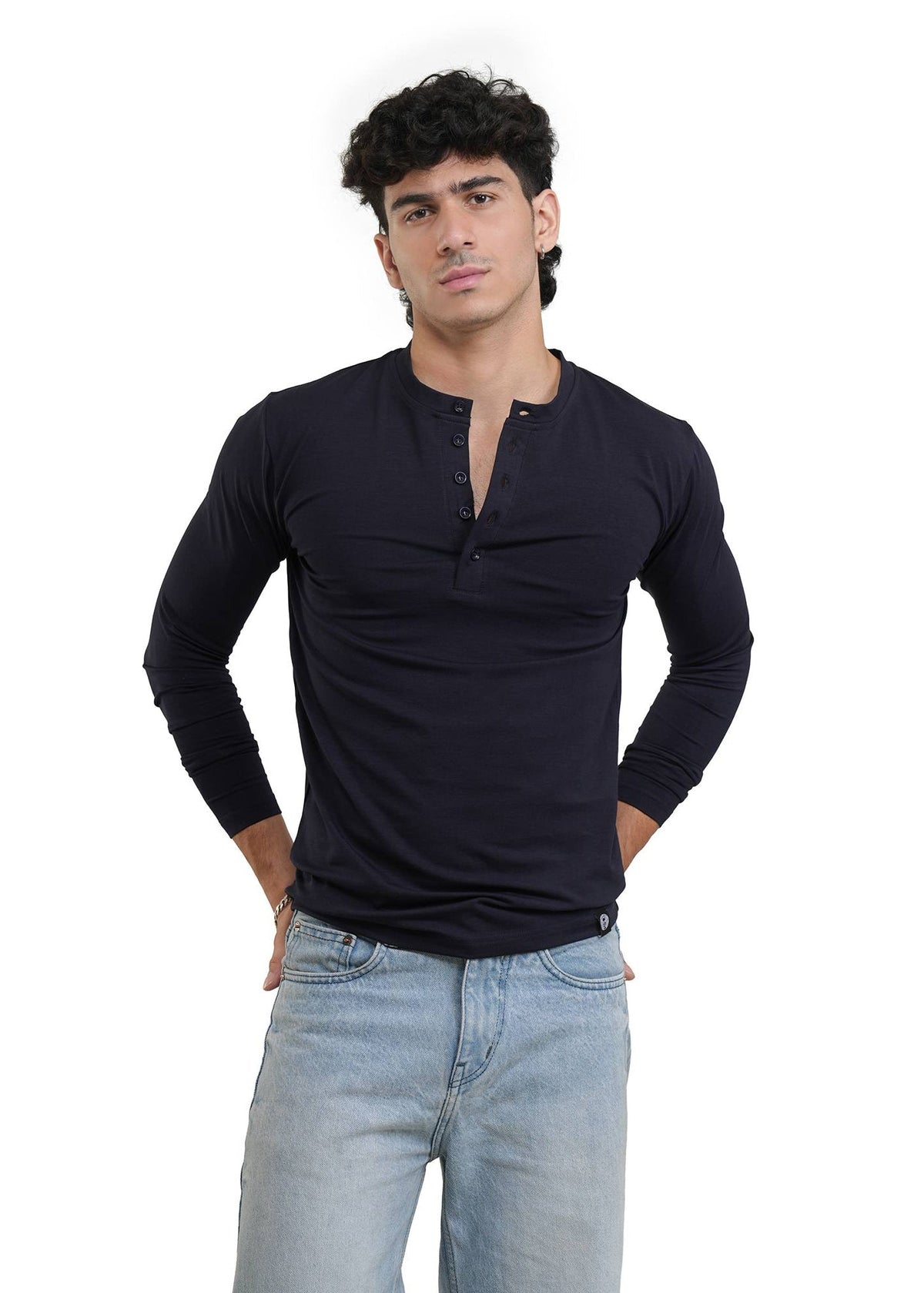 Navy long-sleeve henley shirt front view with three-button placket