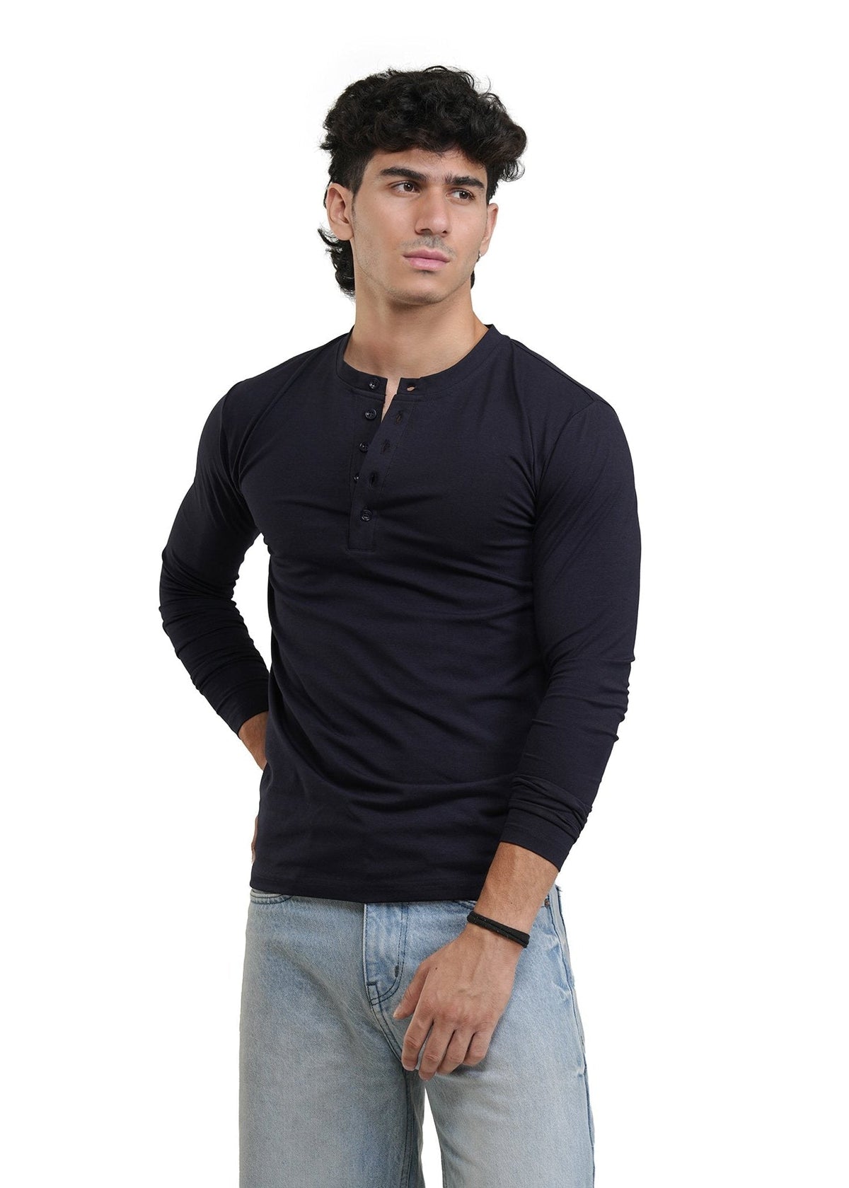 Navy henley long-sleeve shirt close view of front button placket
