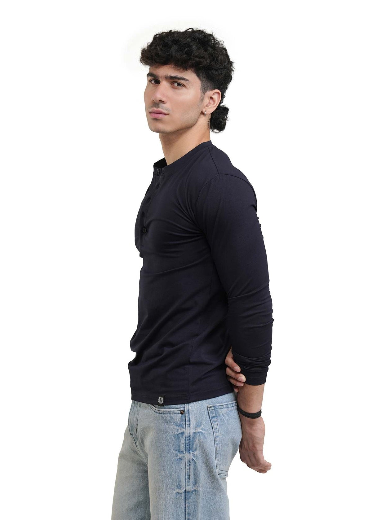 Navy long-sleeve henley shirt, side view, button placket on front