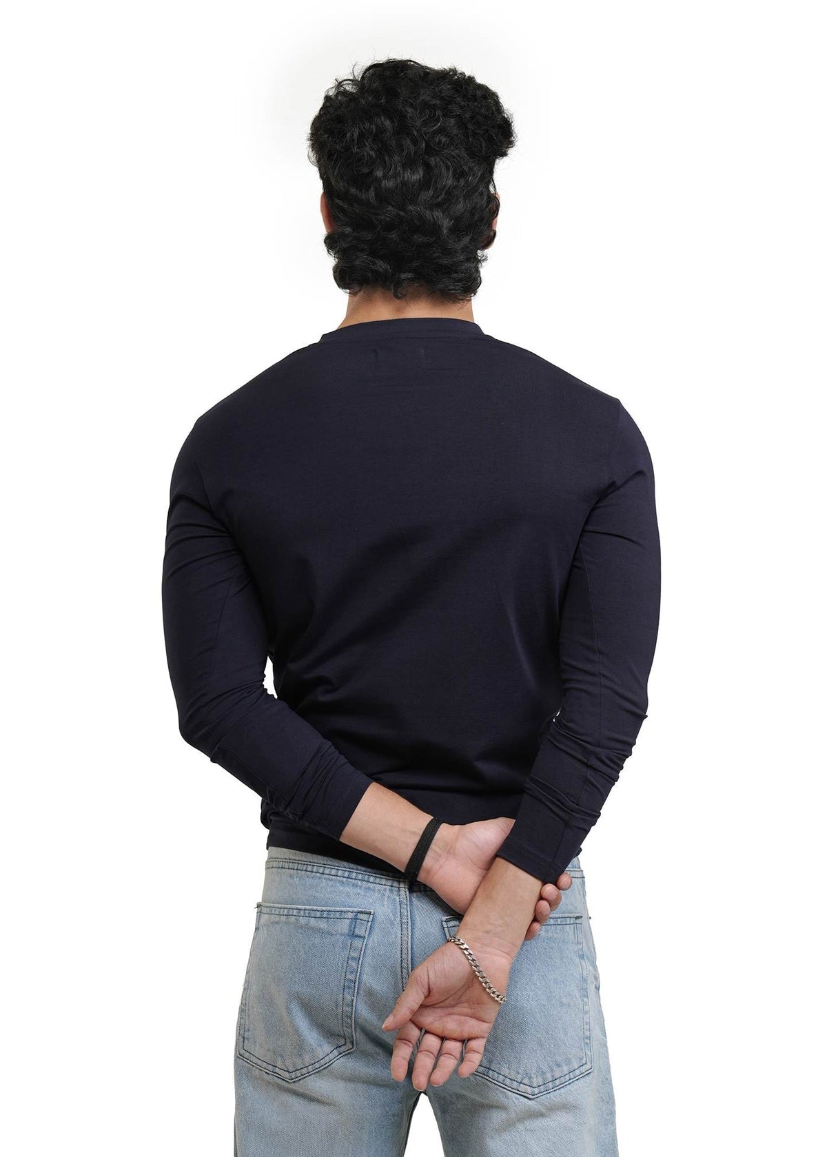 Navy long-sleeve henley shirt back view, ribbed cuffs and curved hem