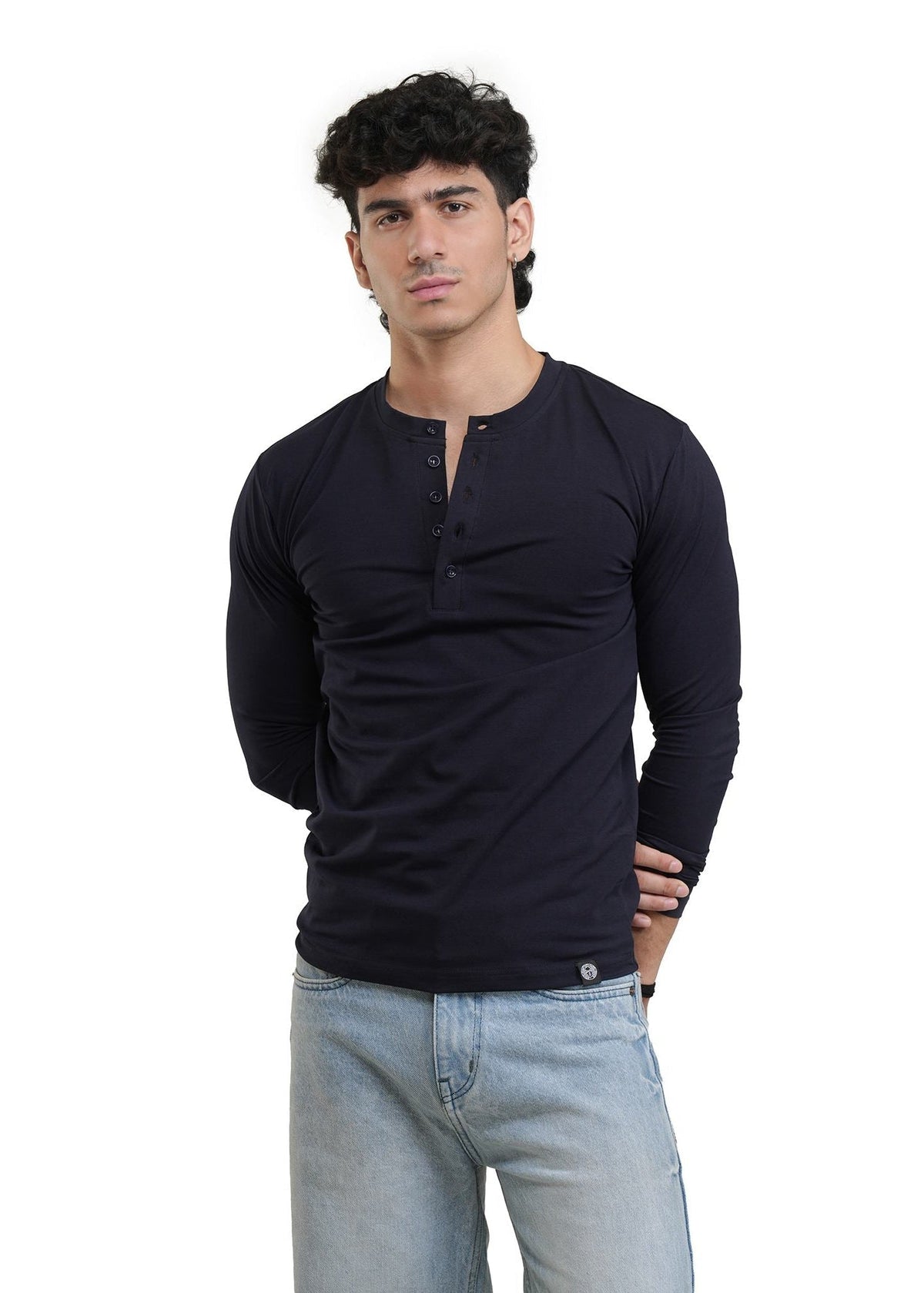 Navy henley long-sleeve shirt with front button placket and ribbed cuffs