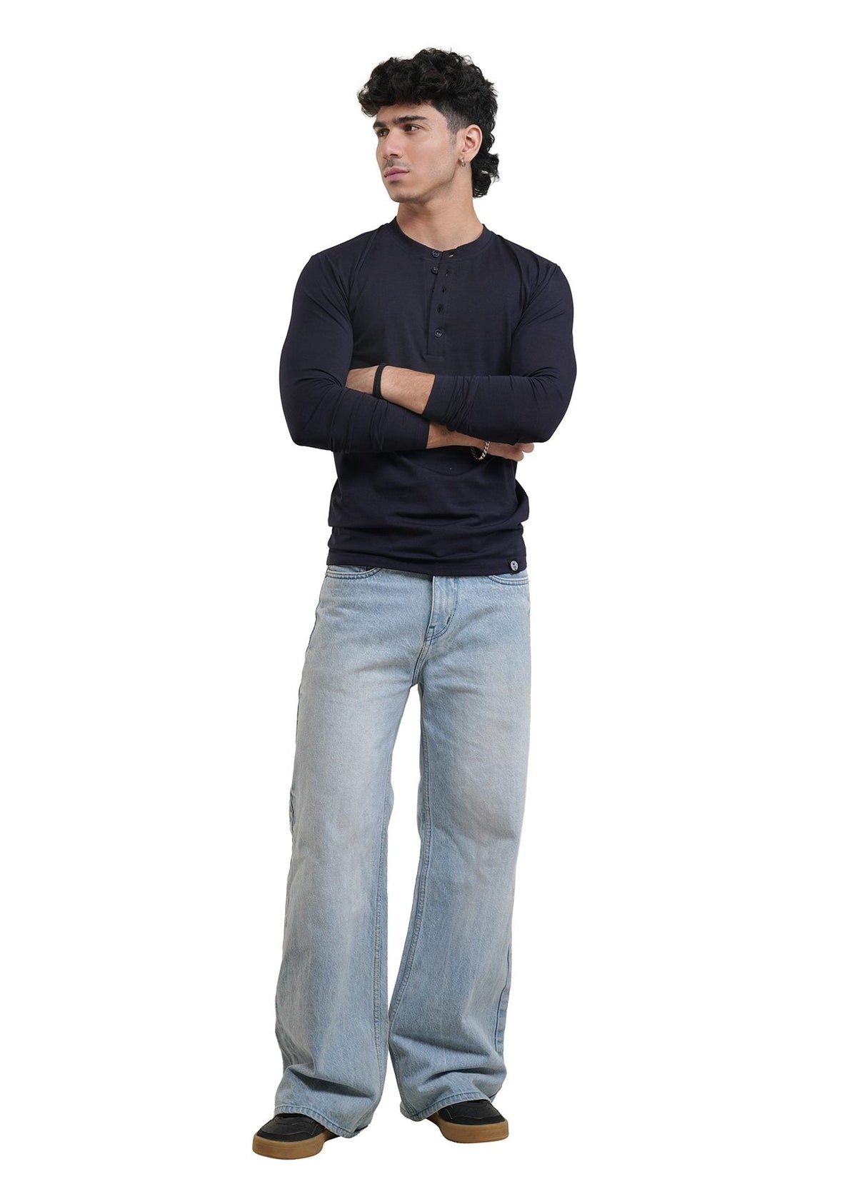 Navy long-sleeve henley shirt, angled full-body view, button front