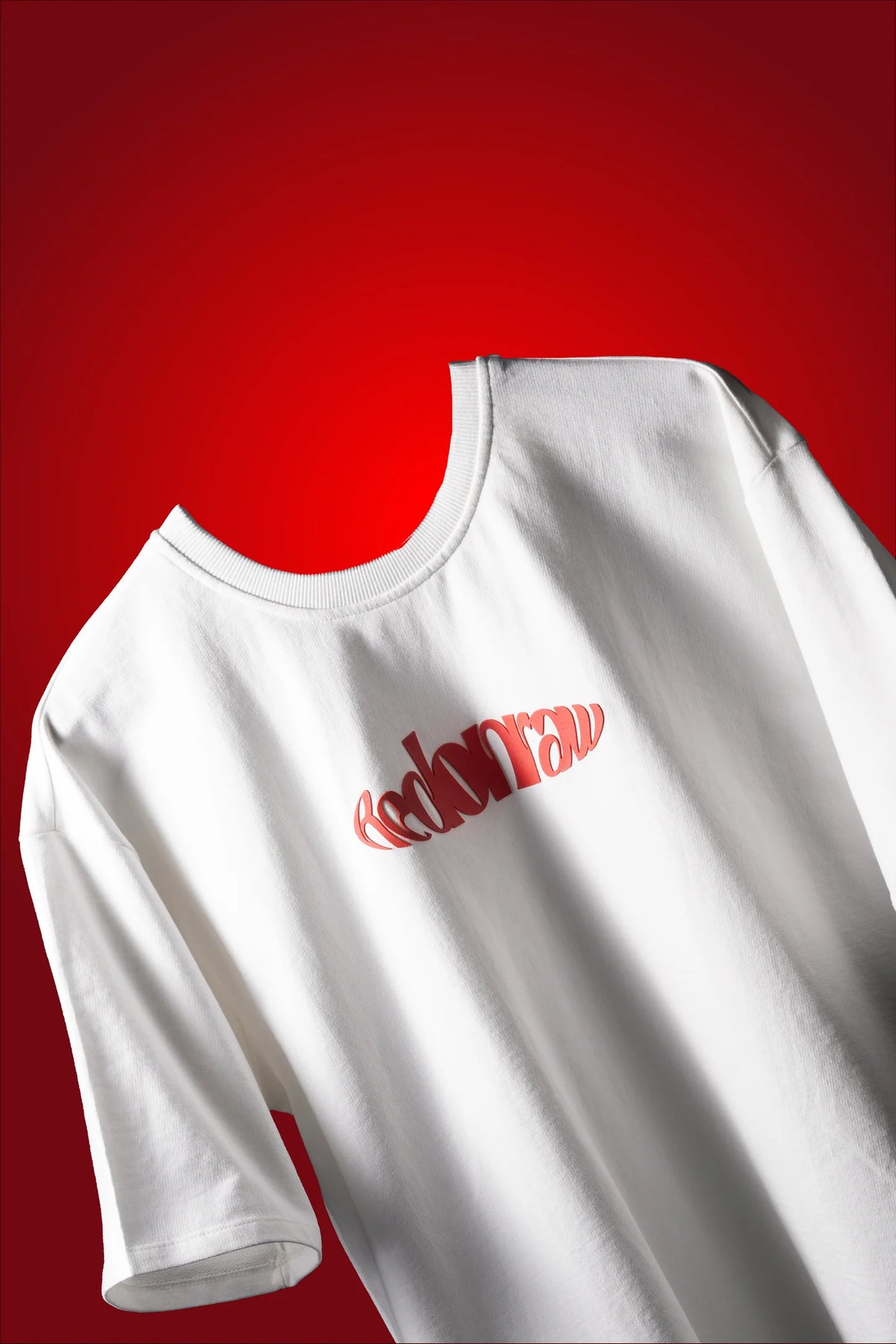 White crew-neck T-shirt with small red stylized logo on the front.