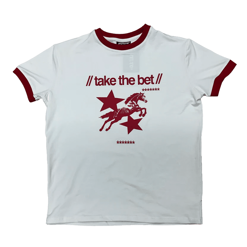 White slim-fit tee with red collar trim and take-the-bet horse-star graphic